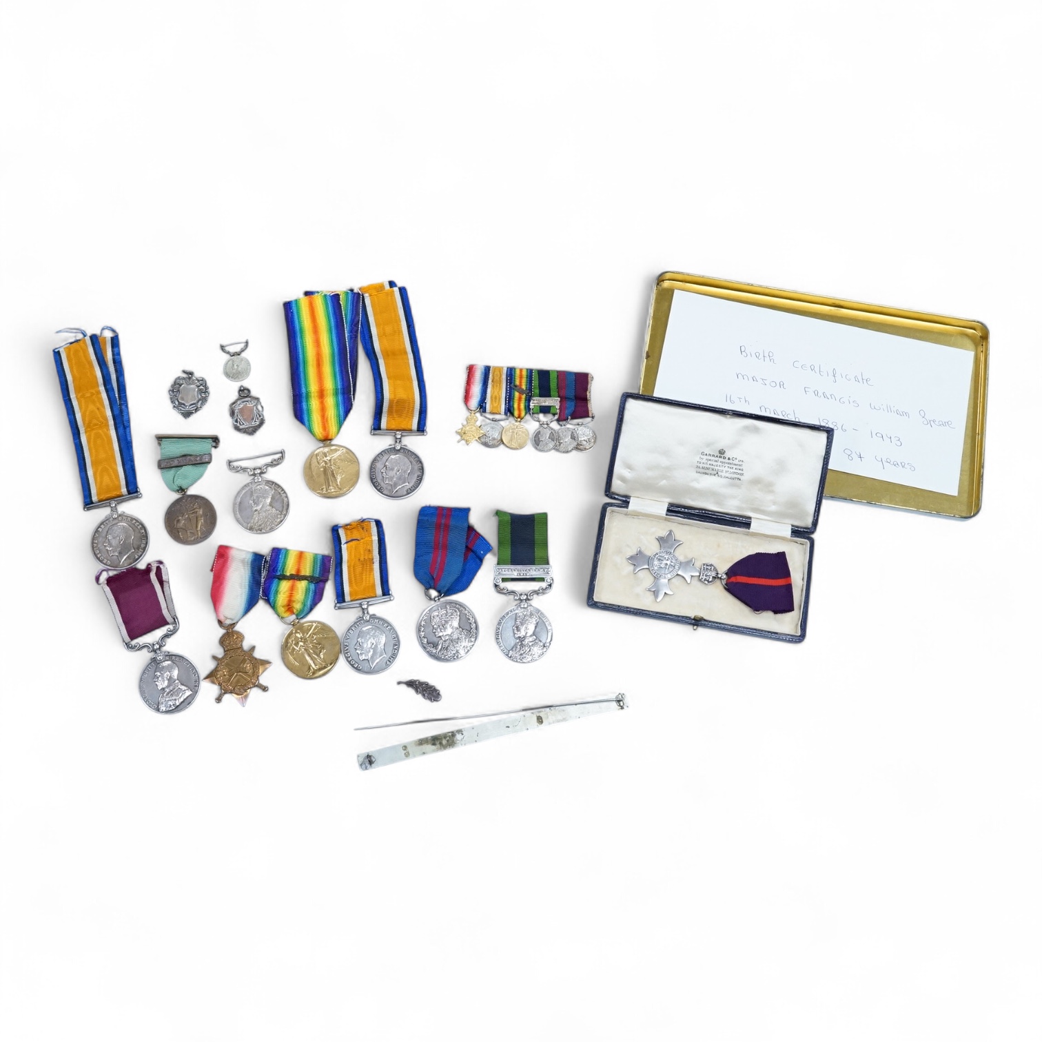 A First World War medal group of six medals awarded to Staff Sjt. Francis William Speare Royal Irish Fusiliers/I.M.L., comprising of the 1914-15 Star, 1914-1918 Medal, Victory Medal with oak leaf, India medal with clasp